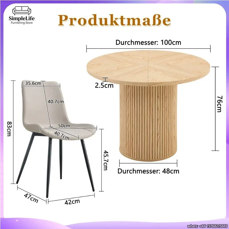 Minimalist Light Wood round Dining Table Set 100 Cm MDF Table with 4 Grey Synthetic Leather Wide Seat Chairs for Modern Home