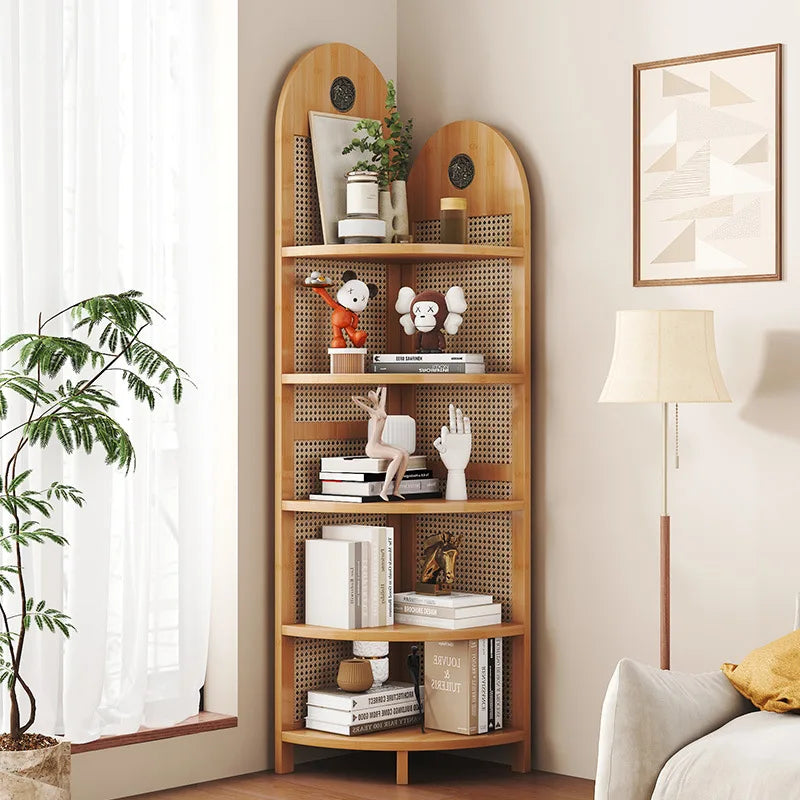 Retro Rattan Woven Decorative Shelf L-Shaped Design Solid Wood Corner Cabinet for Living Room, Study, Bedroom
