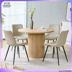 Minimalist Light Wood round Dining Table Set 100 Cm MDF Table with 4 Grey Synthetic Leather Wide Seat Chairs for Modern Home