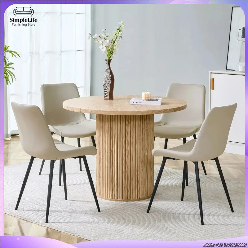 Minimalist Light Wood round Dining Table Set 100 Cm MDF Table with 4 Grey Synthetic Leather Wide Seat Chairs for Modern Home