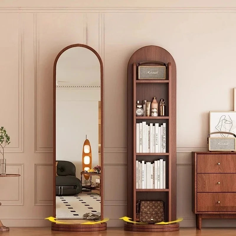 Nordic Solid Wood Floor Full-Body Mirrors Home Rotatable Full-Length Mirror Bookshelf Storage Integrated Fitting Mirror T