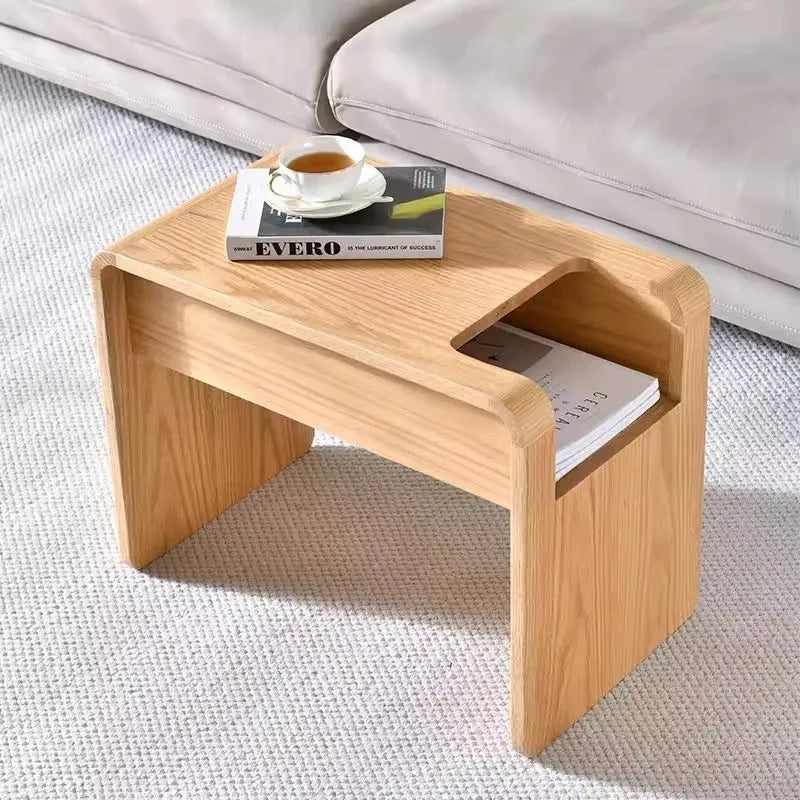 MOMO Nordic Solid Wood C-Shaped Sofa Side Table Wabi-Sabi Style Danish Designer Magazine Holder Modern Small Cabinet