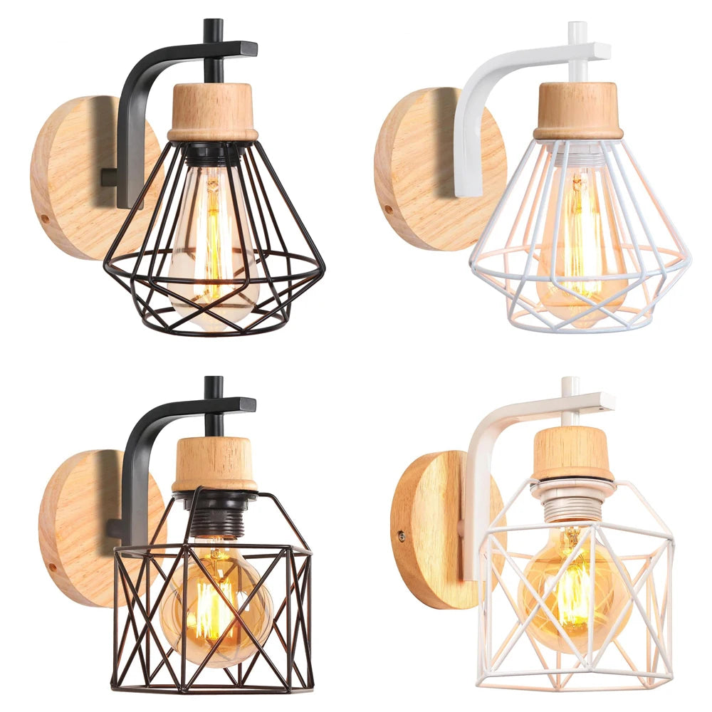 Vintage Retro Wood Wall Lamp Sconce Modern Wall Lights E27 LED Industrial Decor Indoor Lighting Bedside Lamp Dining Room Bedroom