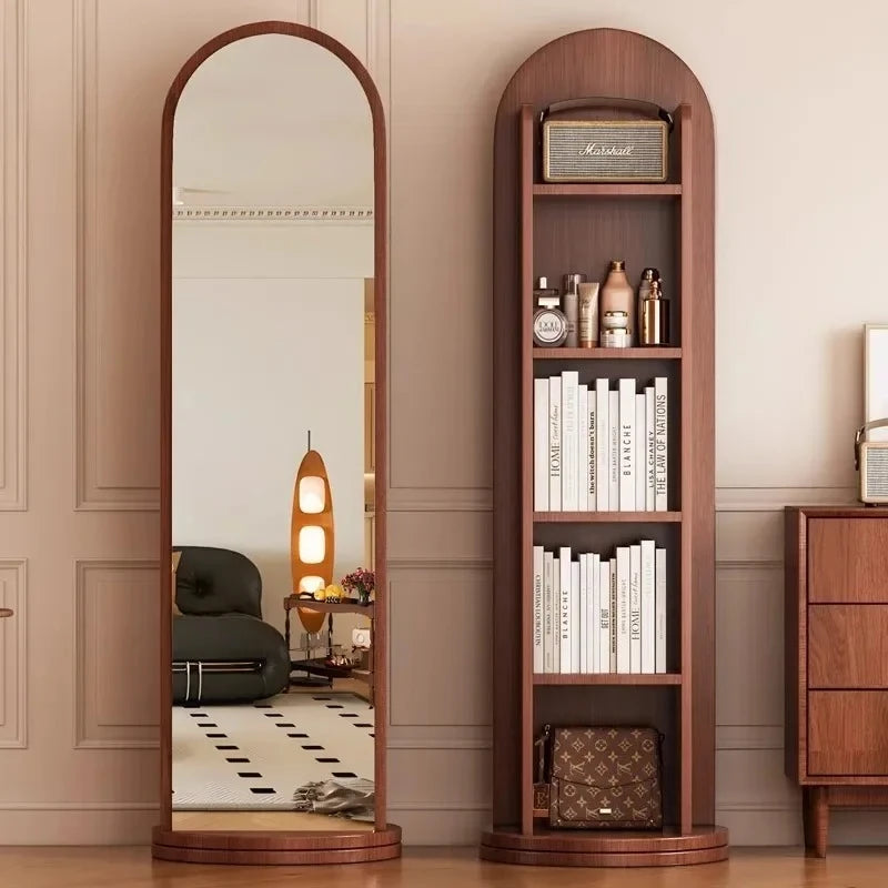 Nordic Solid Wood Floor Full-Body Mirrors Home Rotatable Full-Length Mirror Bookshelf Storage Integrated Fitting Mirror T