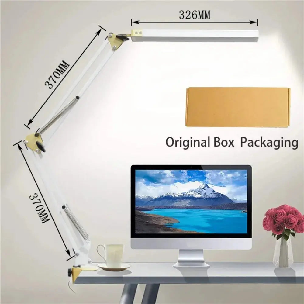 LED Folding Metal Desk Lamp Clip on Light Clamp Long Arm Diming Table Lamp 3 Colors Adjustable for Living Room Reading Computers