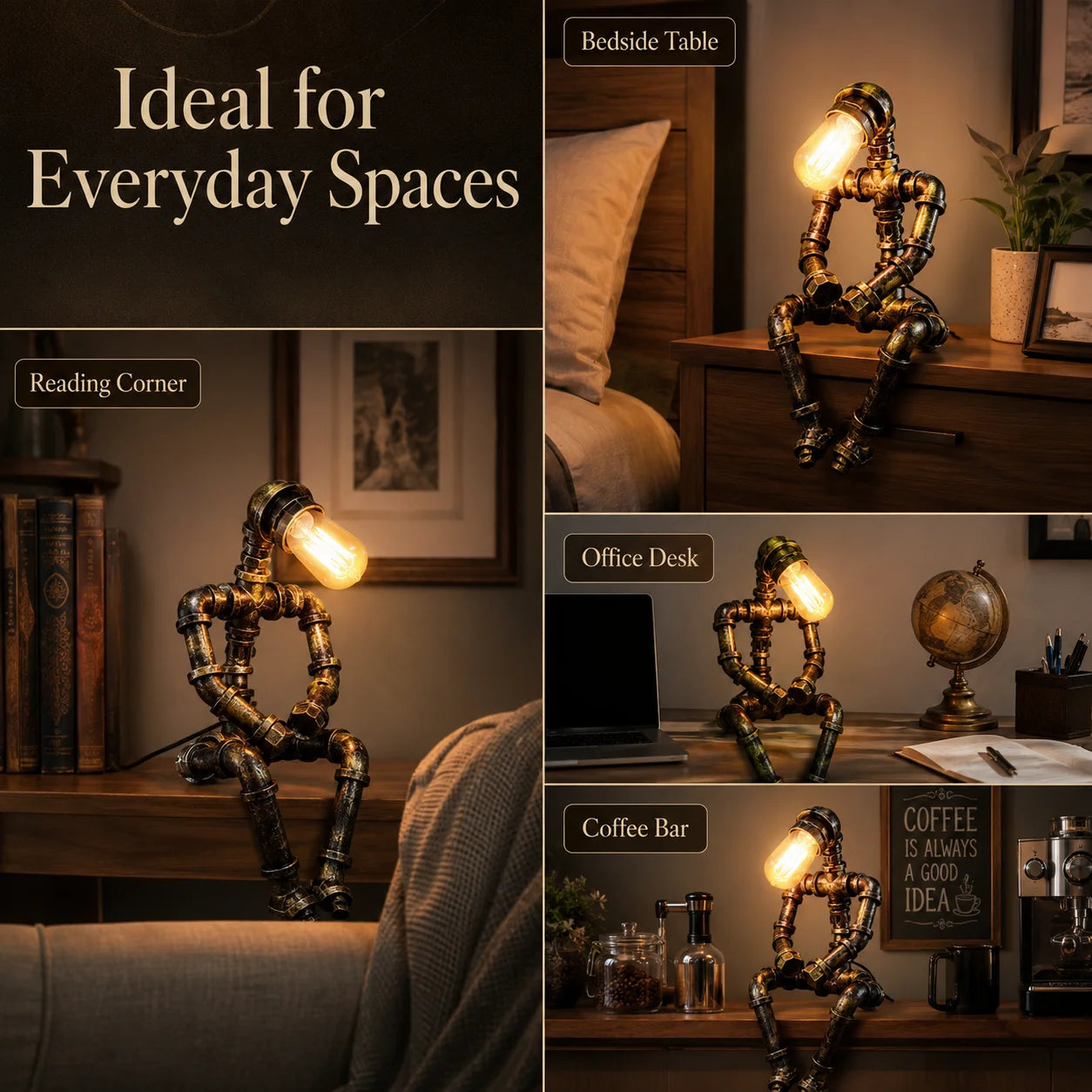 Vintage Steampunk Pipe Robot Desk Lamp Industrial Bedside Table Light for Bedroom Cafe Decor