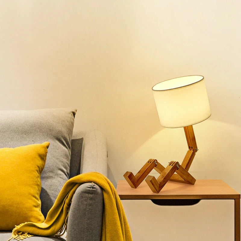 Modern Cloth Art Wood Desk Table Lamp Robot Shape Wooden Table Lamp Decor Luminaires Parlor Study Bedroom Night Light