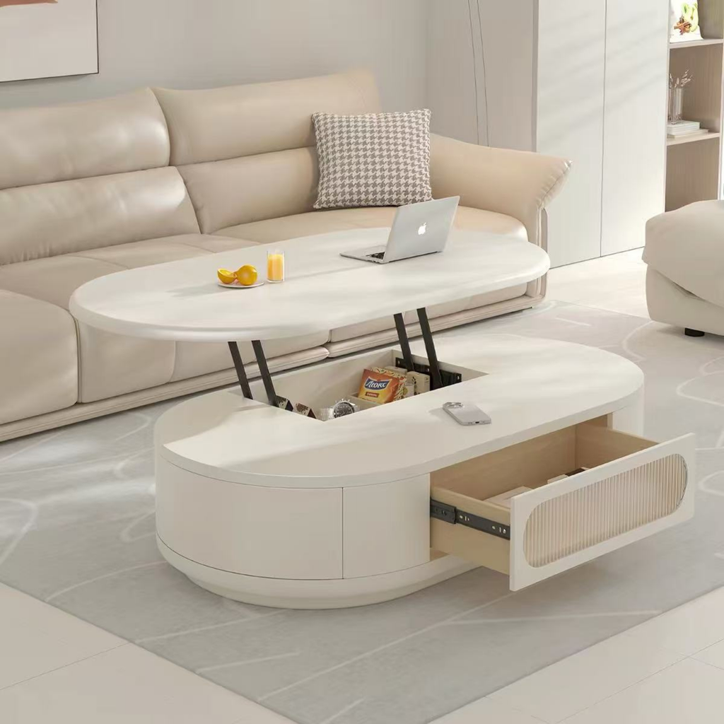 Modern Scandinavian oval lift-top coffee table with three drawers, solid wood construction and hidden storage for a contemporary living room