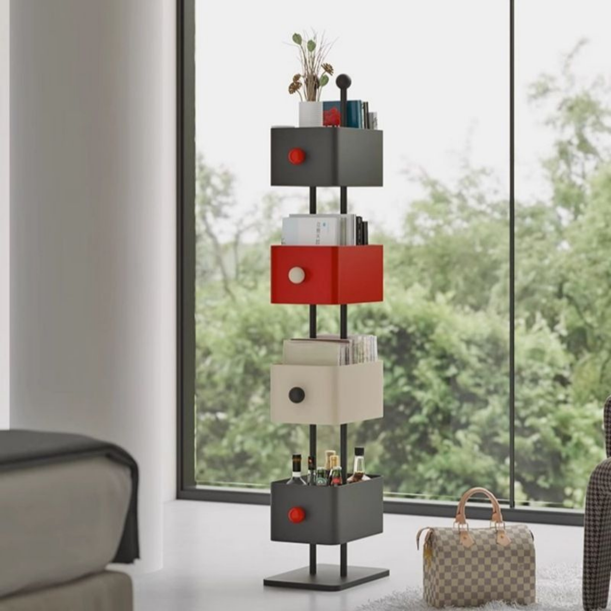 Modern Nordic bookshelf with colorful open storage shelves, decorative display bookcase for living room, bedroom and study