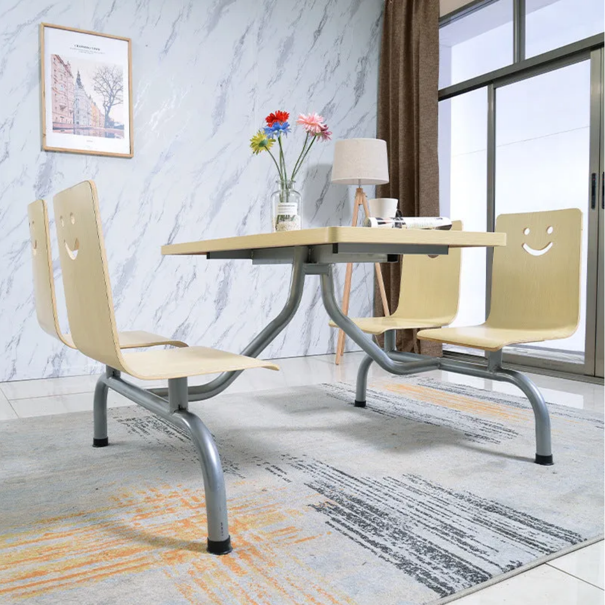 Modern Connected Dining Table and Chair Set, Commercial Restaurant & Café Furniture