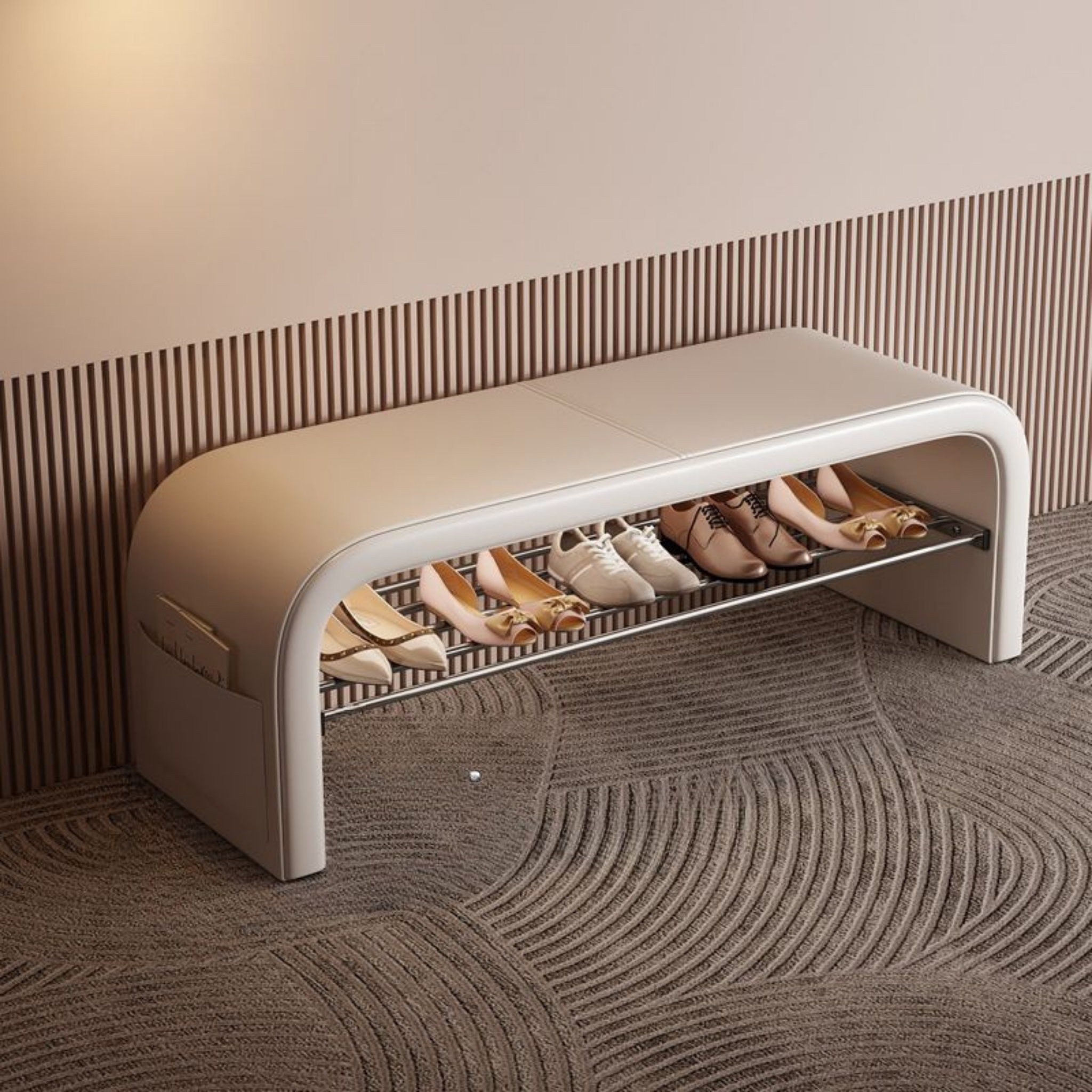 Modern Scandinavian shoe bench with PU leather seat, 1-tier shoe storage shelf, metal frame and side pocket for entryway, hallway, mudroom and bedroom