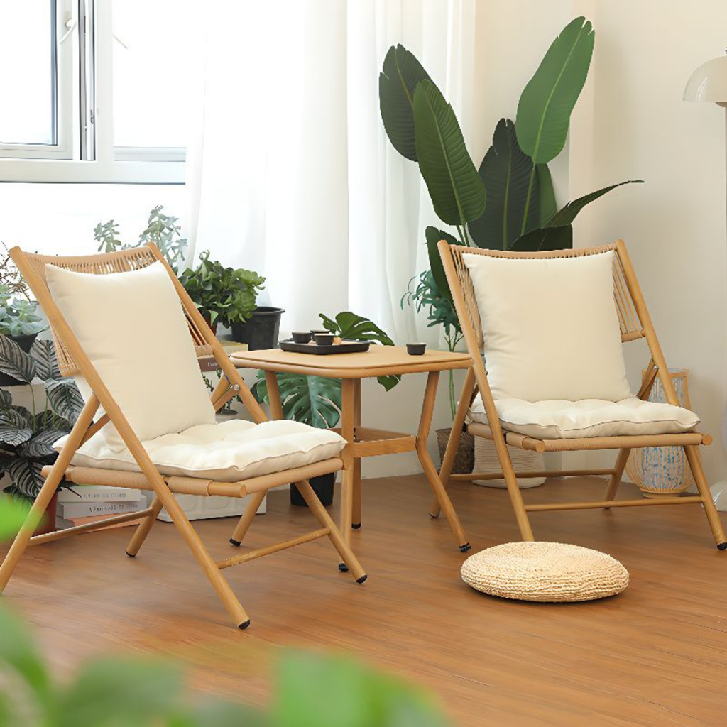 Modern Chinese style outdoor patio table and chair set with PE rattan, tempered glass table, carbon steel frame, two folding chairs, removable cushions, garden balcony and terrace furniture