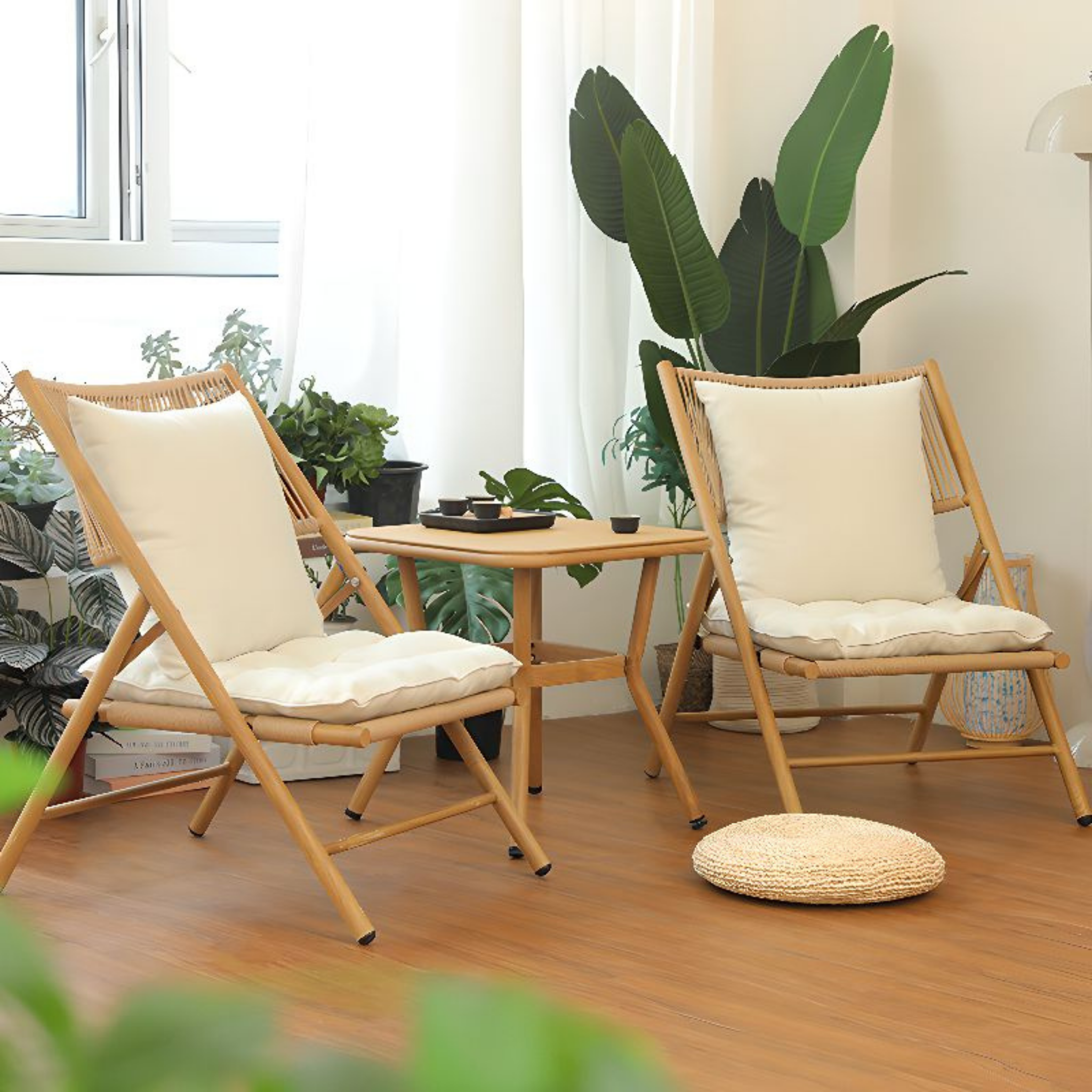 Modern Chinese style outdoor patio table and chair set with PE rattan, tempered glass table, carbon steel frame, two folding chairs, removable cushions, garden balcony and terrace furniture