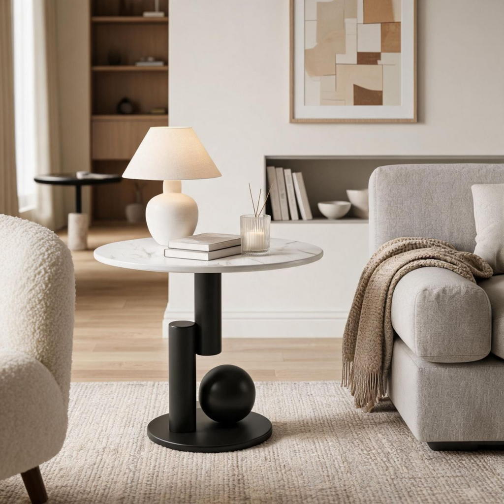 Modern Round Sintered Stone Side Table, Contemporary Iron Accent Table
