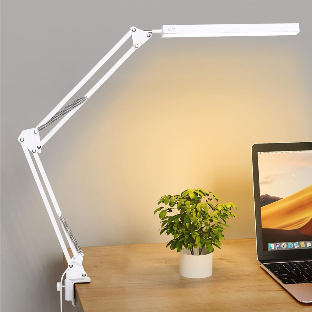 LED clip-on desk lamp with adjustable long arm and clamp base, modern table light for computer desk, reading and workspace lighting
