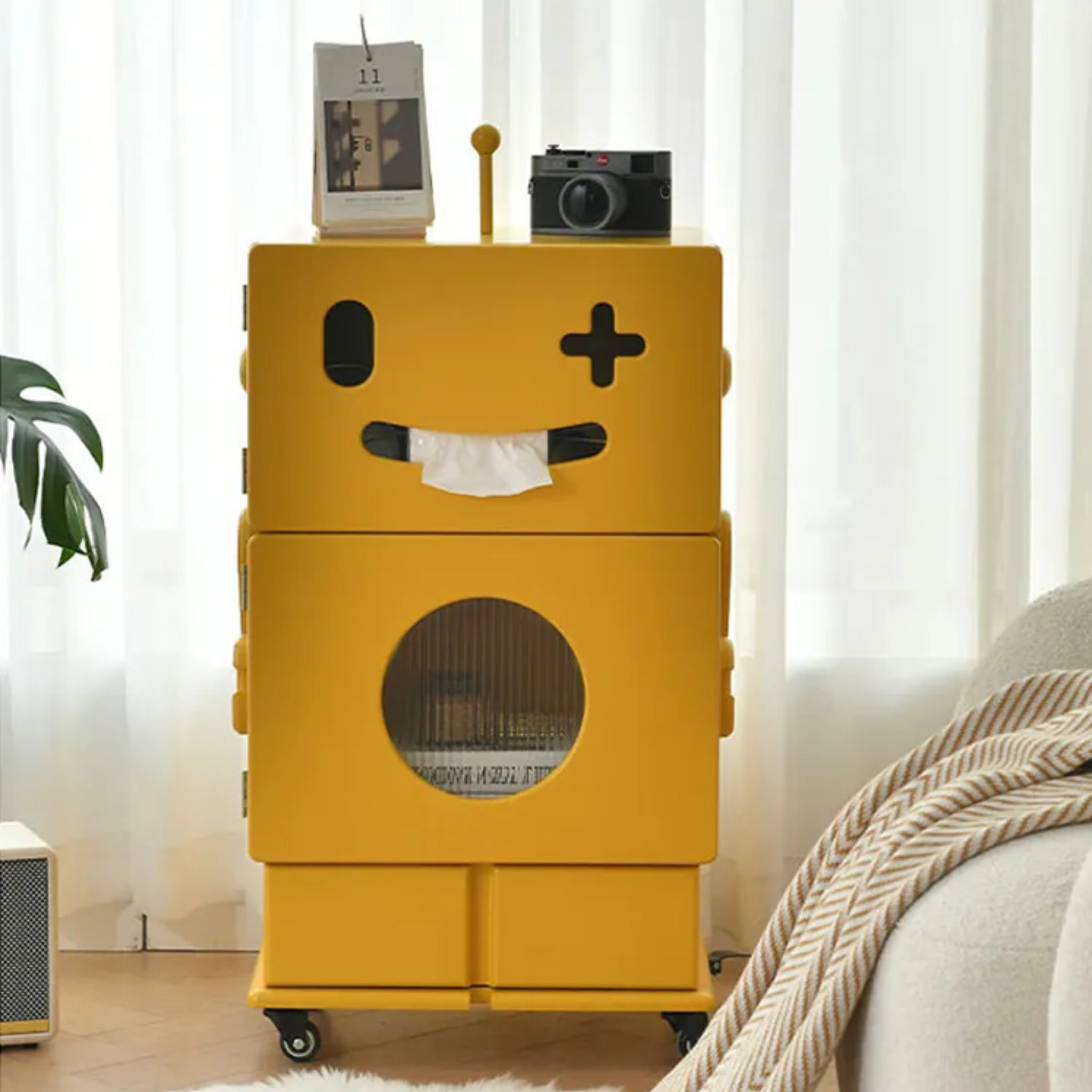 Creative robot side table with 2-tier storage, built-in tissue holder, mobile wheels, MDF construction and modern accent design for living room and sofa