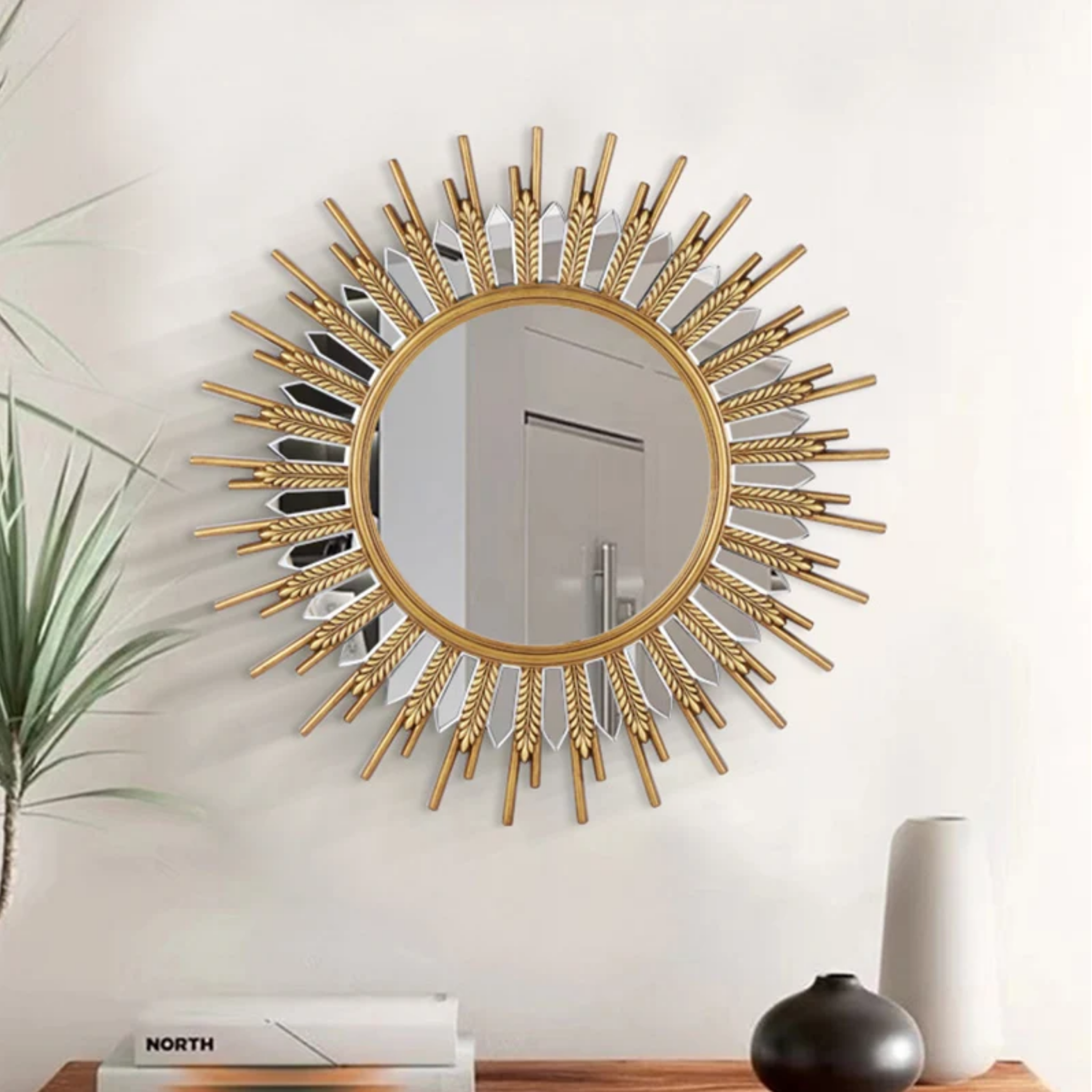 Sunflower decorative wall mirror with LED light, luxury artistic mirror for living room, entryway, bathroom, bedroom, vanity and modern home wall decor