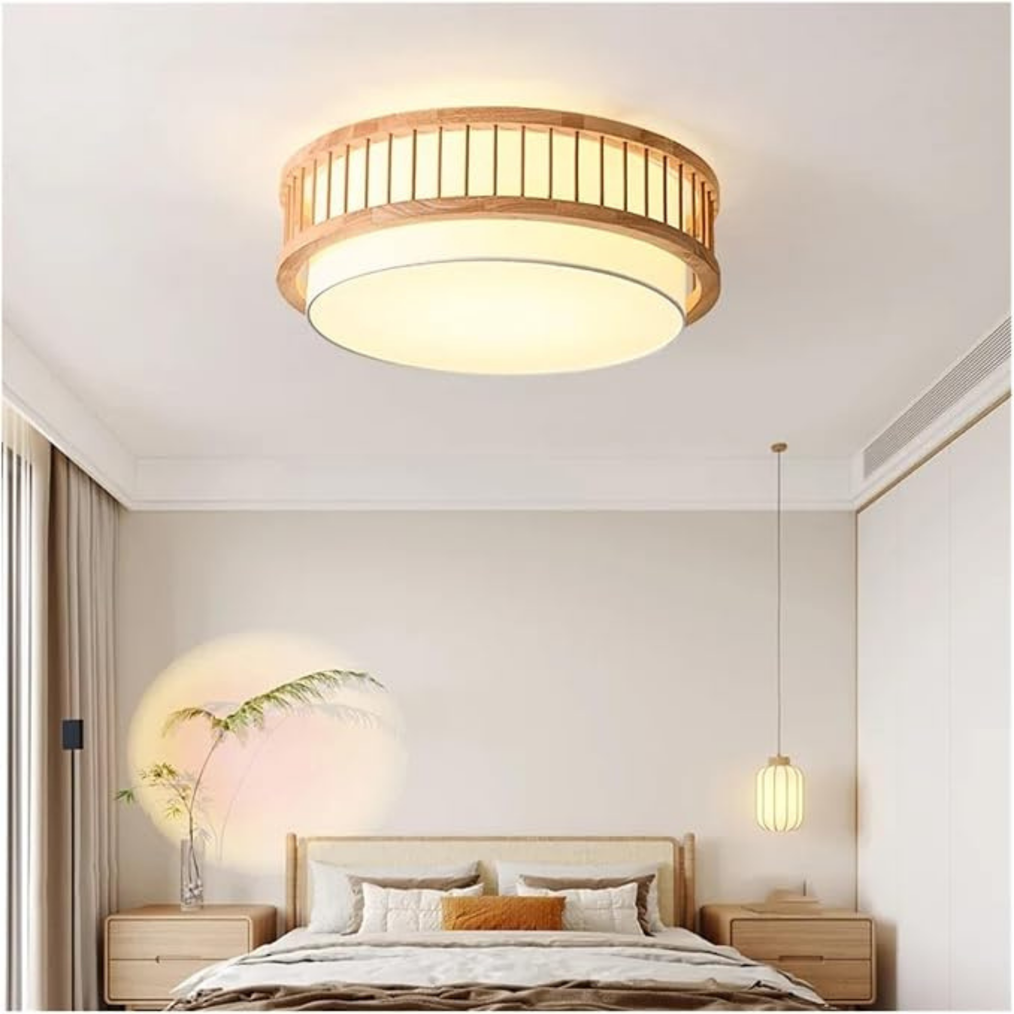Modern Japanese Wood Drum Ceiling Light, Solid Wood Cylindrical Ceiling Fixture
