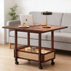 Vintage bamboo folding side table with one open shelf and rolling wheels, space-saving accent table for living room and bedroom