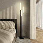 Modern 3-light LED floor lamp with long bar design, acrylic shades and remote-controlled dimming for contemporary living room and bedroom lighting
