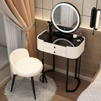 Modern makeup vanity set with LED mirror, 2 drawers and PU leather stool, minimalist bedroom dressing table, makeup desk and beauty vanity furniture for modern home interiors.