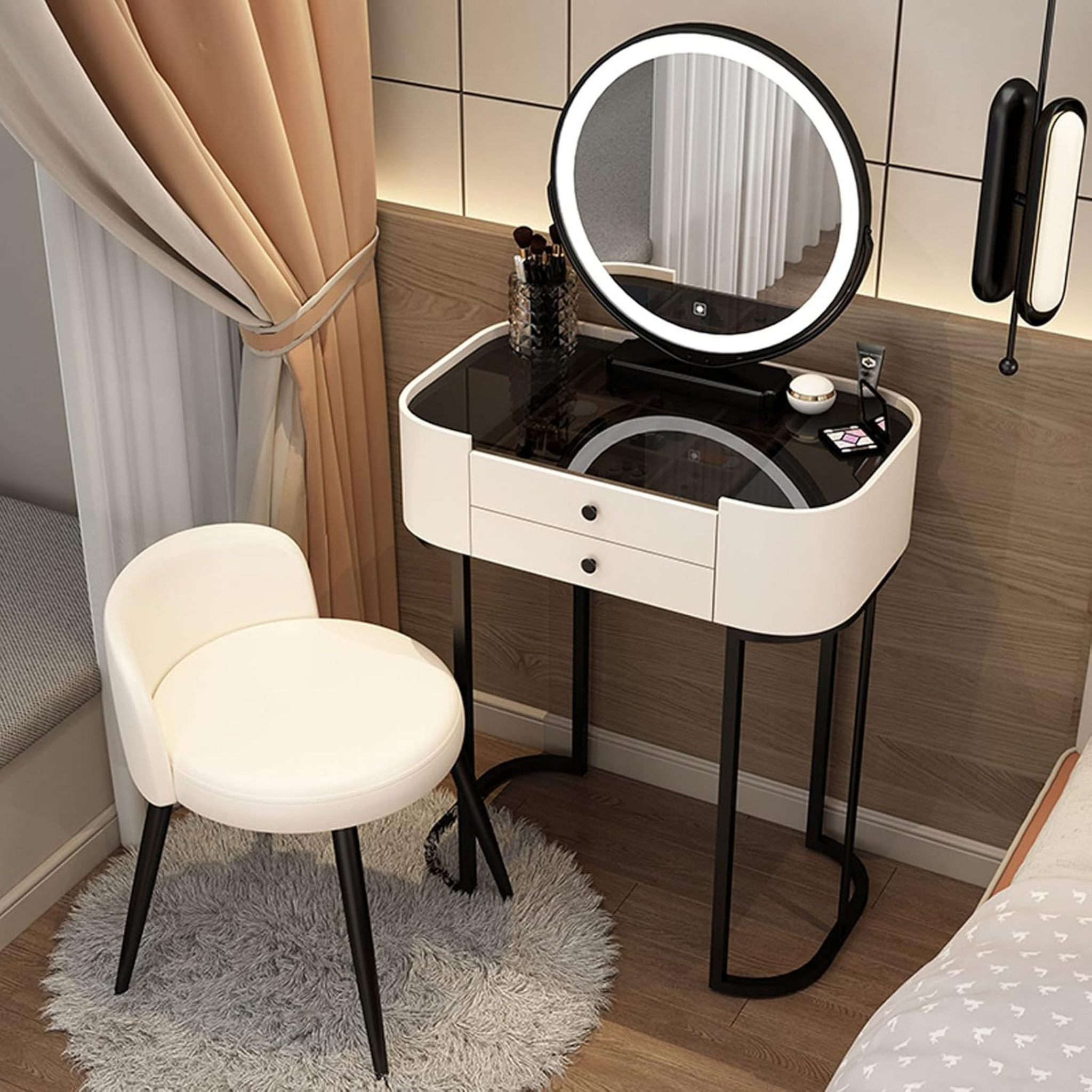 Modern makeup vanity set with LED mirror, 2 drawers and PU leather stool, minimalist bedroom dressing table, makeup desk and beauty vanity furniture for modern home interiors.