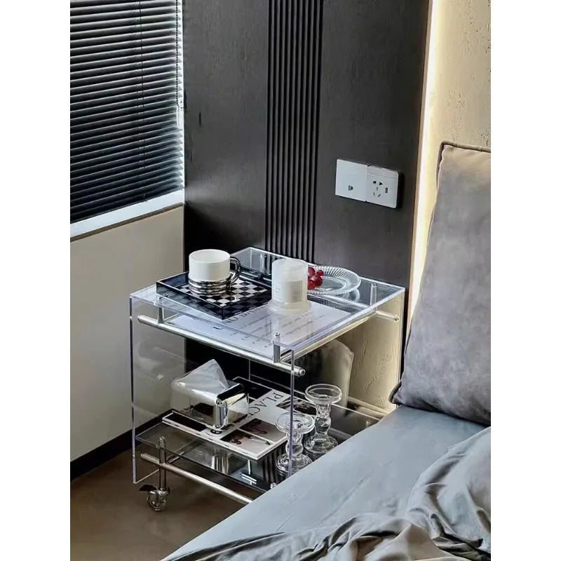 Acrylic 2-Tier Rolling Side Table, Mobile Storage Cart for Couch, Small Space-Saving Coffee Table with Wheels, Clear for Home