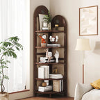 Retro Rattan Woven Decorative Shelf L-Shaped Design Solid Wood Corner Cabinet for Living Room, Study, Bedroom