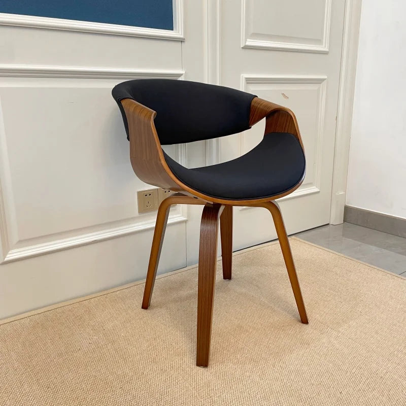 Mid Century Curved Back Dining Chair Armchair with Linen Fabric Upholstered Leisure Accent Chair with Wood Legs Walnut Finish