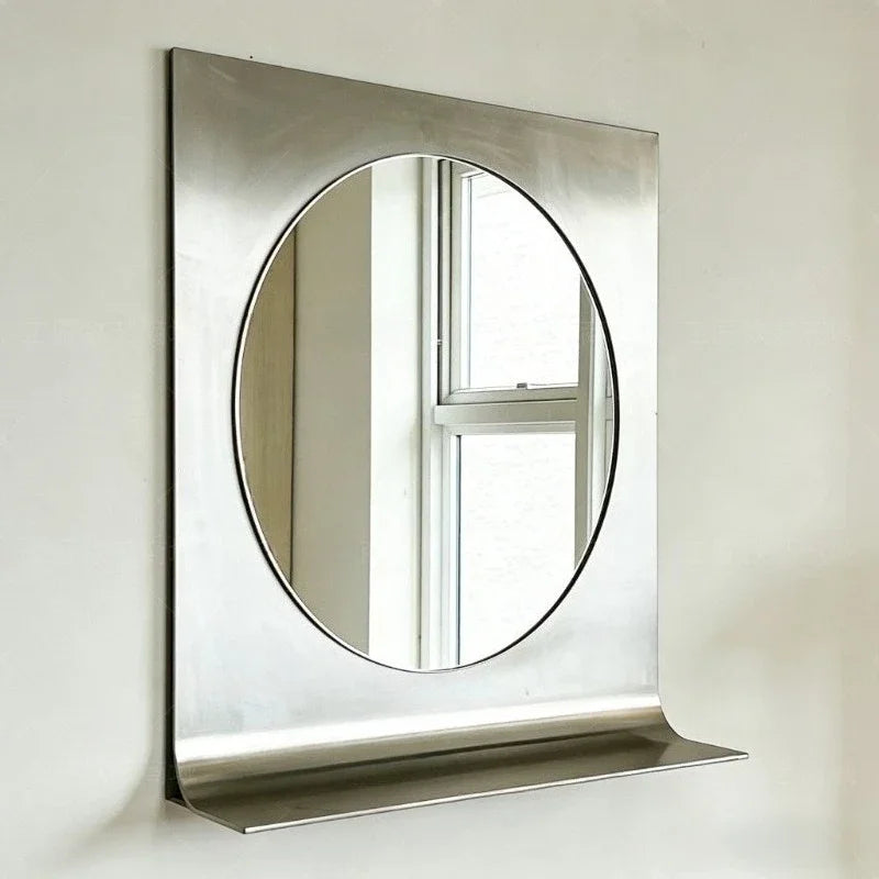 Brushed Stainless Steel Wall Mirror with Shelf Designer Hanging Antique Mirror Decorative Vintage Mirror for Bathroom Living