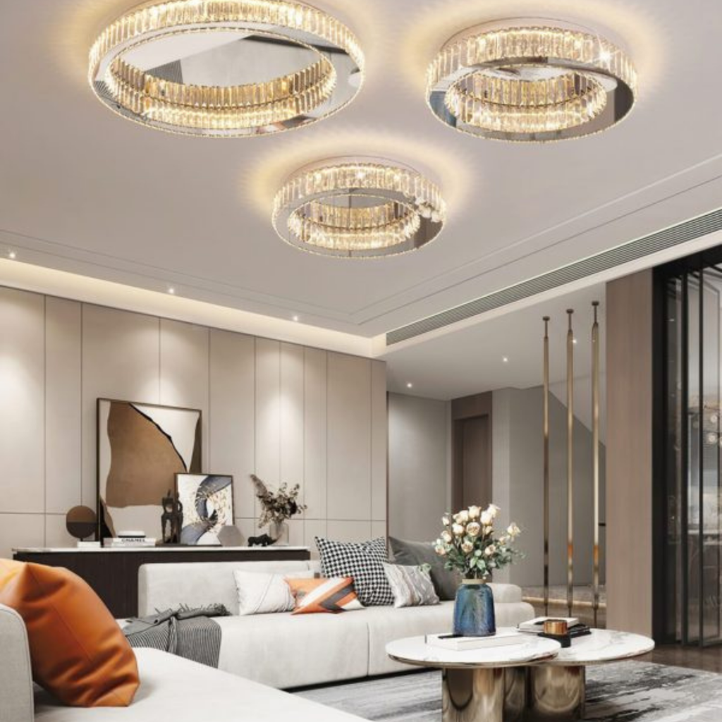 3 luxury crystal LED flush mount ceiling lights in a living room