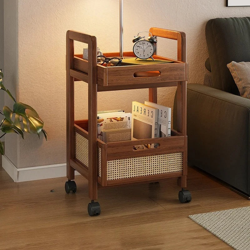 Rattan Storage Cart - Mobile Side Table with Woven Baskets, Multi-Functional Rolling Cart for Living Room & Bedroom, Shelves
