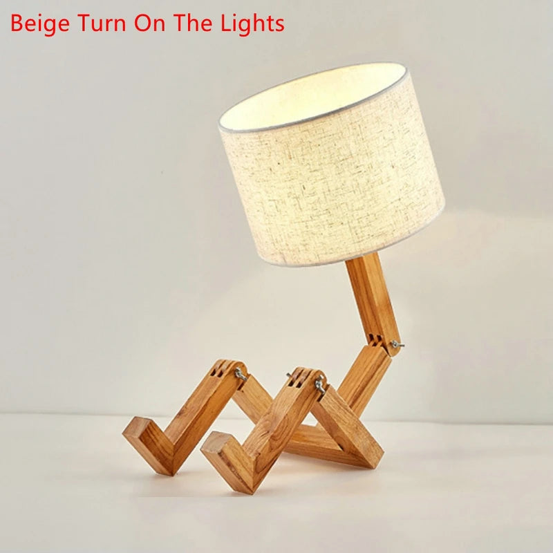 Modern Cloth Art Wood Desk Table Lamp Robot Shape Wooden Table Lamp Decor Luminaires Parlor Study Bedroom Night Light