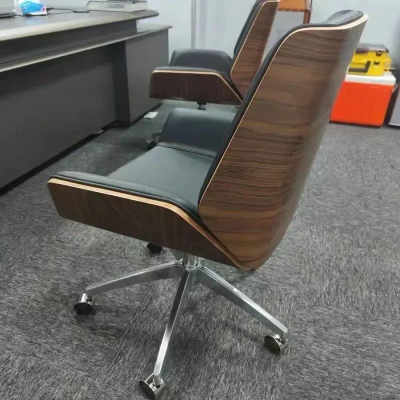 Luxury Leather Office Chair with Solid Wood Accent，Modern Swivel Executive Chair for Home Office Conference Room