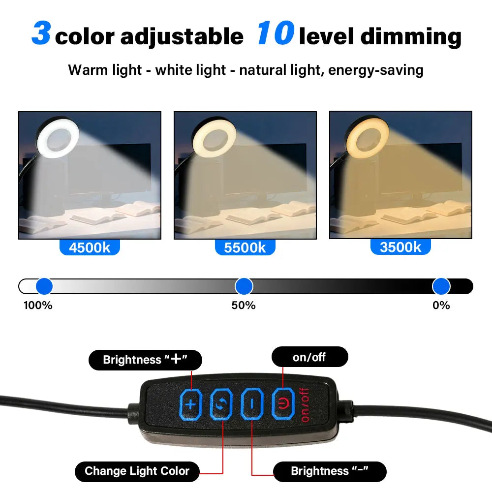 2026 New Desk Lamp 3 Color Modes 10 Level Dimming USB Student Eye Care Reading Light Nail Beauty Light Makeup Tool