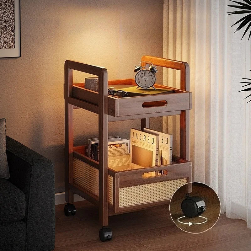 Rattan Storage Cart - Mobile Side Table with Woven Baskets, Multi-Functional Rolling Cart for Living Room & Bedroom, Shelves
