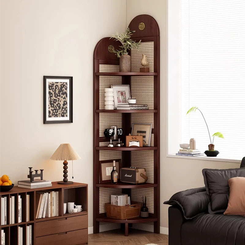 Retro Rattan Woven Decorative Shelf L-Shaped Design Solid Wood Corner Cabinet for Living Room, Study, Bedroom