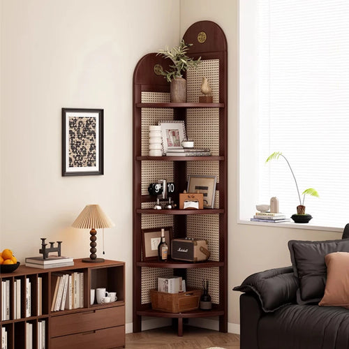 Retro Rattan Woven Decorative Shelf L-Shaped Design Solid Wood Corner Cabinet for Living Room, Study, Bedroom