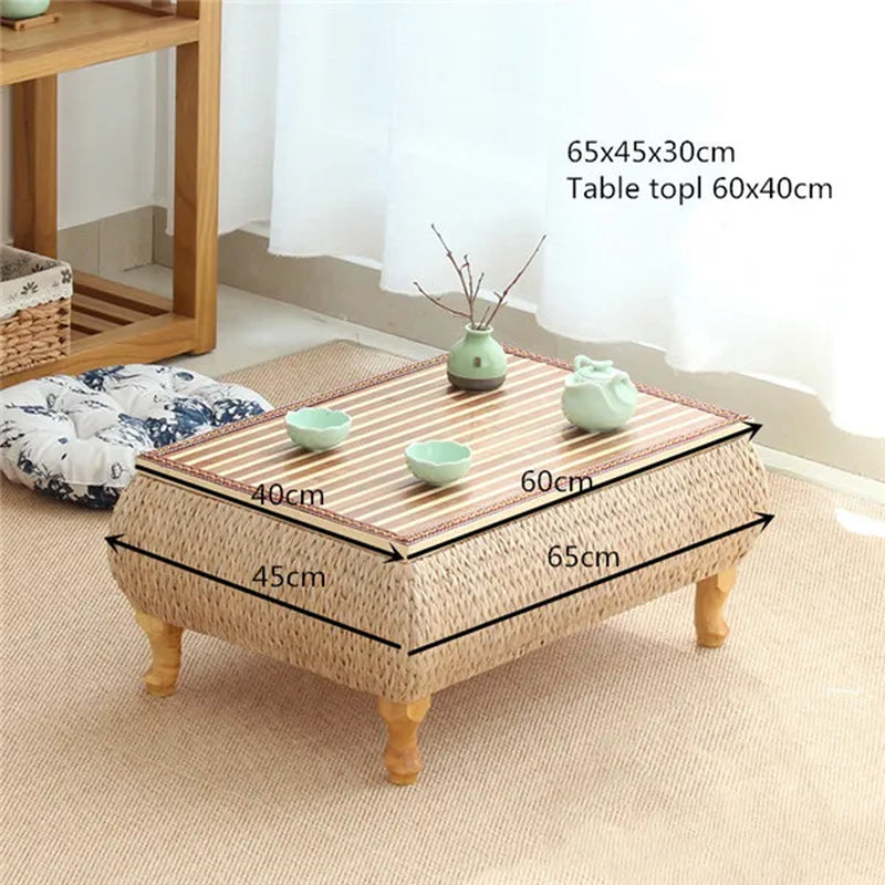 Small Coffee Table with Storage Bamboo and Rattan Tatami Platform Low Table for Living Room Furniture Home Bay Window Balcony
