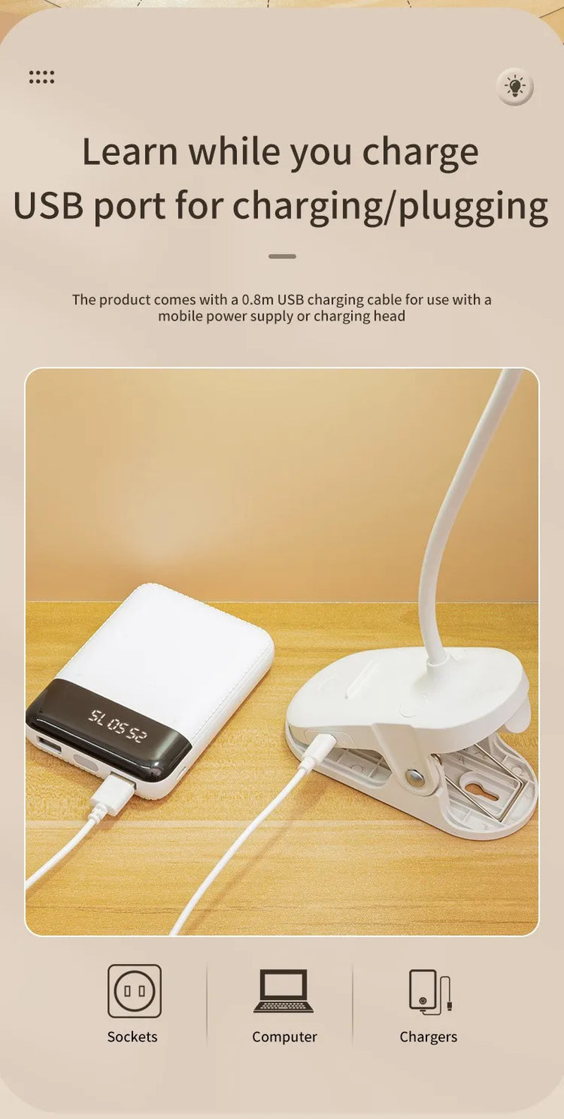 Led Table Lamp USB Rechargeable Night Light with Folding Clamp Study Stand Read Lamp Touch 3 Modes Dimming Eye Protection Light