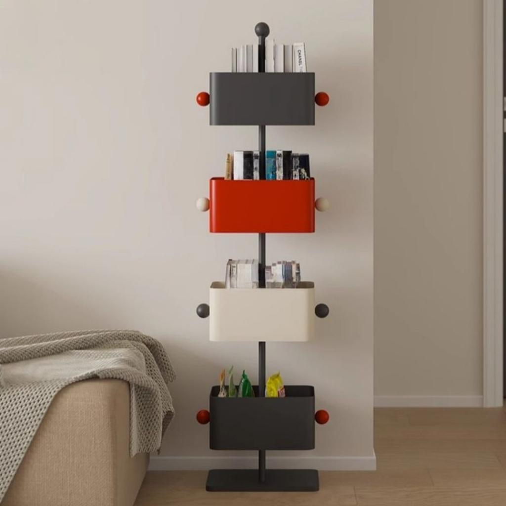Modern Nordic bookshelf with colorful open storage shelves, decorative display bookcase for living room, bedroom and study