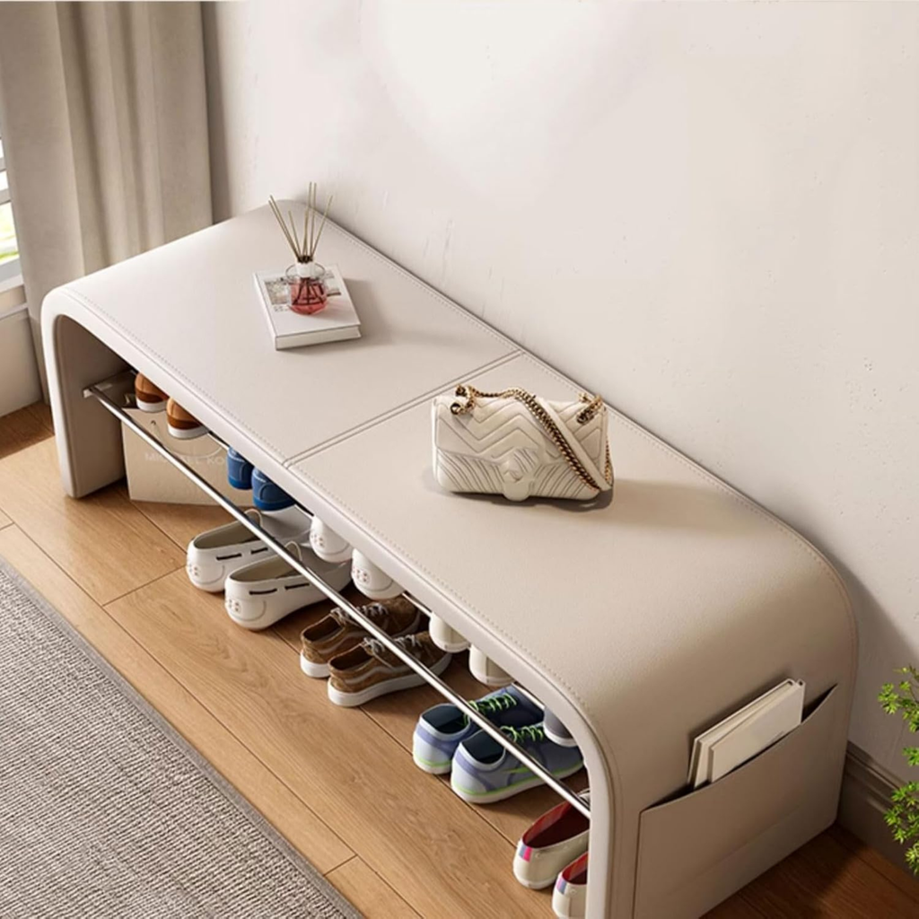 Modern Scandinavian shoe bench with PU leather seat, 1-tier shoe storage shelf, metal frame and side pocket for entryway, hallway, mudroom and bedroom