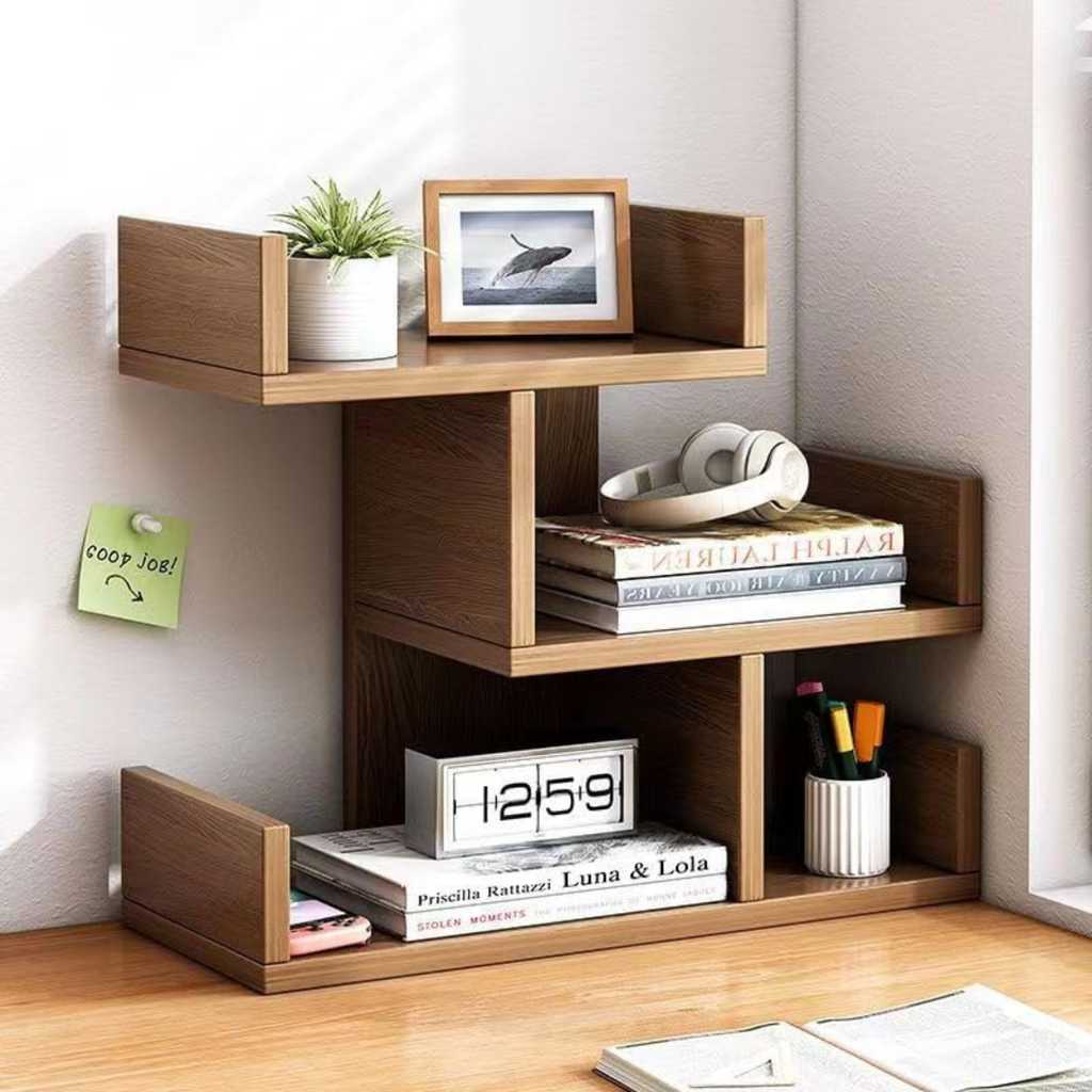 Modern minimalist 3-tier MDF bookshelf with 4 storage compartments, compact book storage shelf for home office, bedroom, living room and small spaces