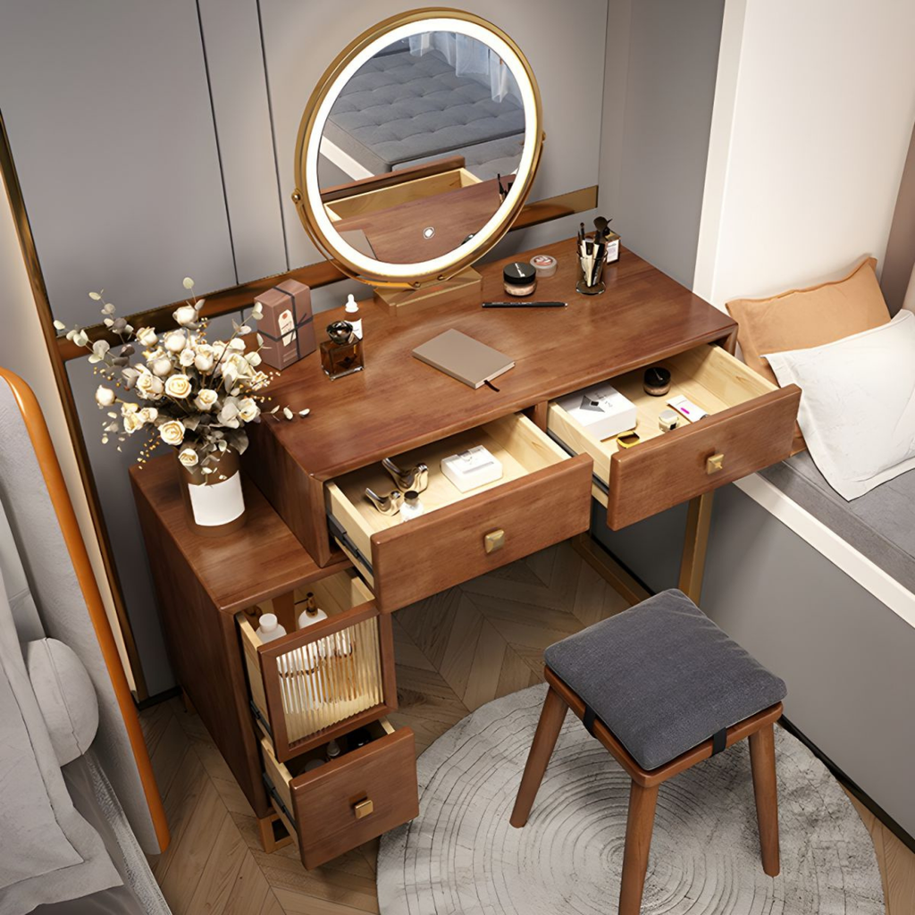 Modern solid wood dressing table and makeup vanity with storage, small bedroom vanity desk, wooden makeup table and Chinese style bedroom furniture