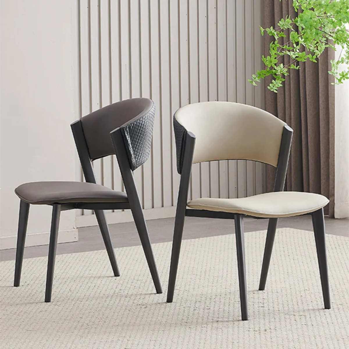 Modern Minimalist Dining Chair with Backrest, Black Metal Legs, Space-Saving Kitchen Chair