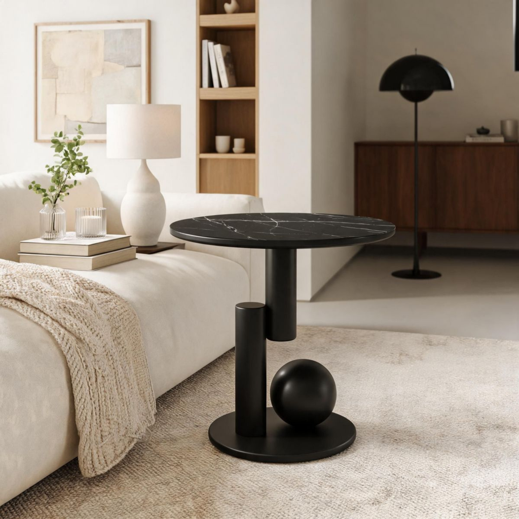 Modern Round Sintered Stone Side Table, Contemporary Iron Accent Table