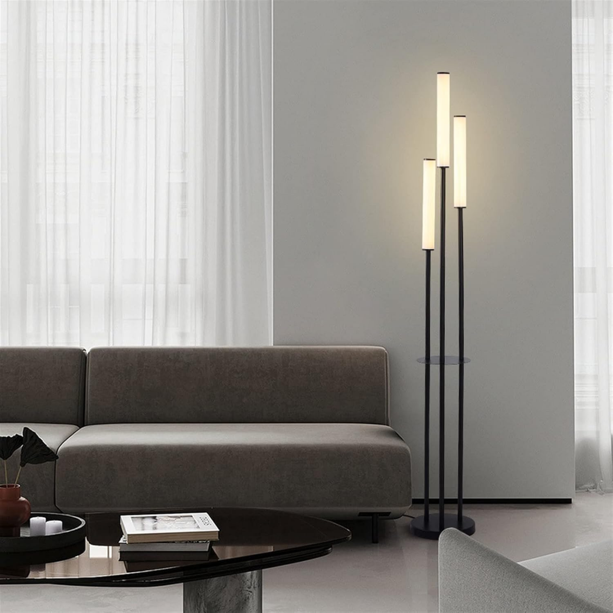 Modern 3-light LED floor lamp with long bar design, acrylic shades and remote-controlled dimming for contemporary living room and bedroom lighting