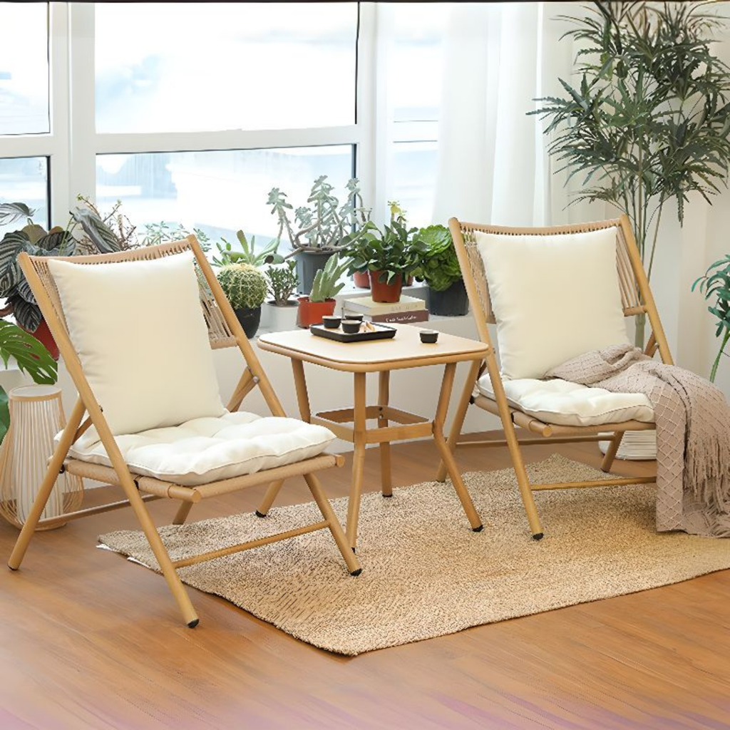 Modern Chinese style outdoor patio table and chair set with PE rattan, tempered glass table, carbon steel frame, two folding chairs, removable cushions, garden balcony and terrace furniture