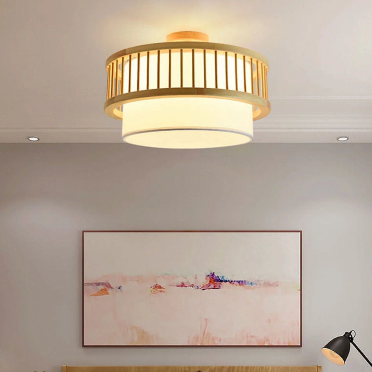 Modern Japanese Wood Drum Ceiling Light, Solid Wood Cylindrical Ceiling Fixture