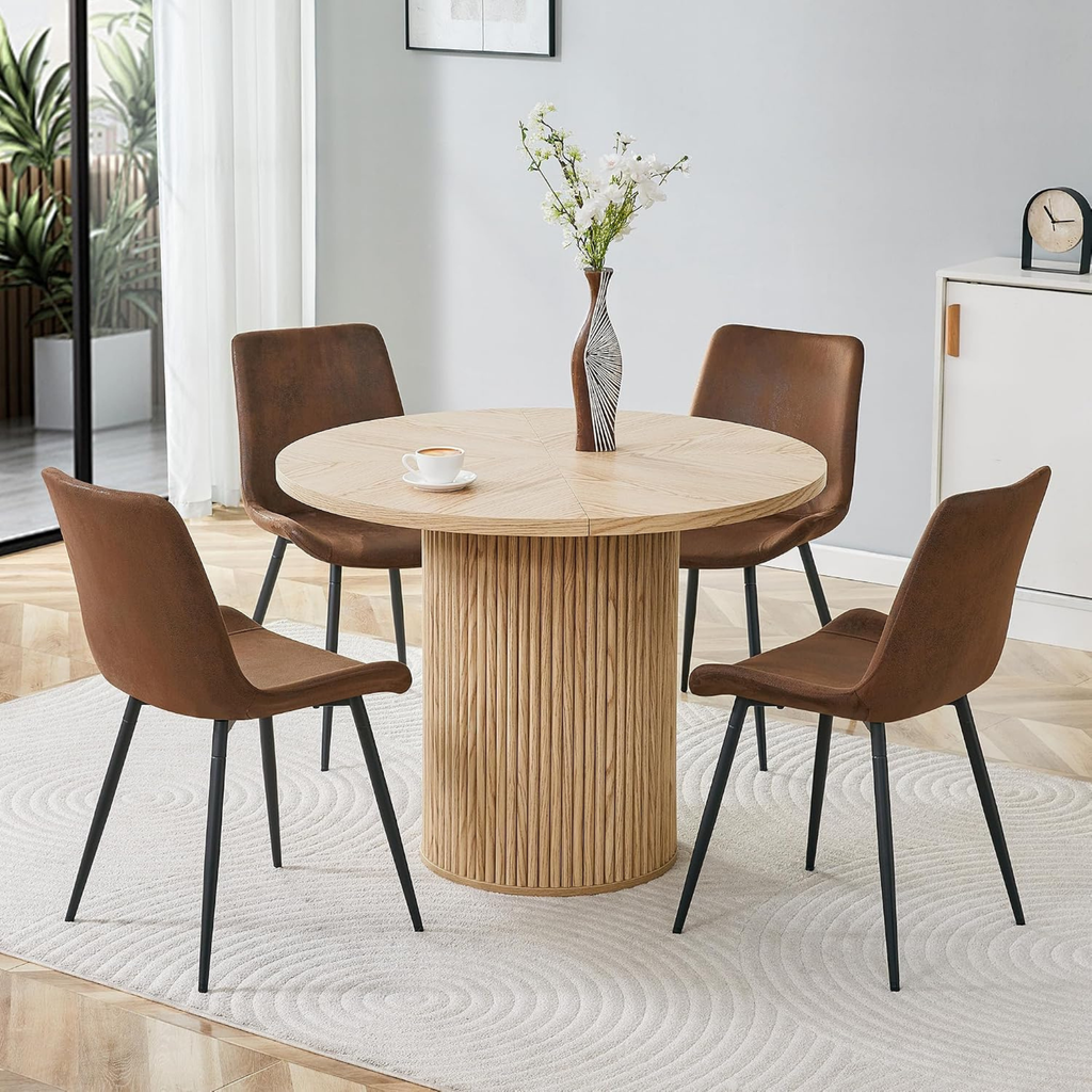 Modern Round Dining Table Set with 4 Chairs, Light Wood Minimalist Dining Set